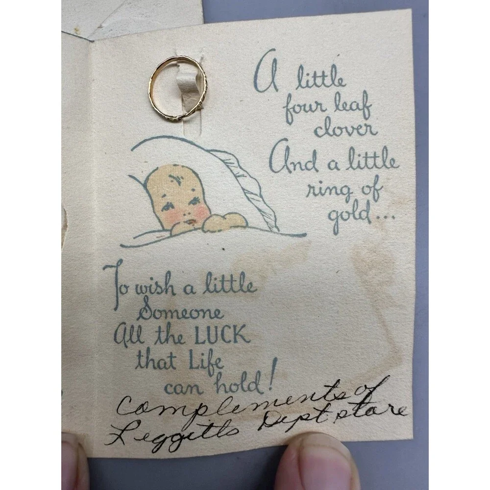 1946 Legget Dept Store Baby Birth Luck W Gold Ring 4 Leaf Clover